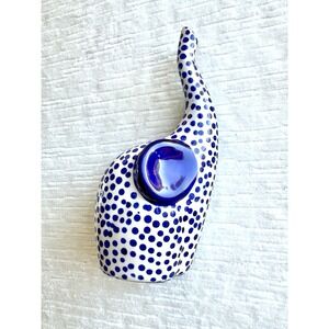 Hand Stamped Elephant Figurine Ceramic Blue White Dot
